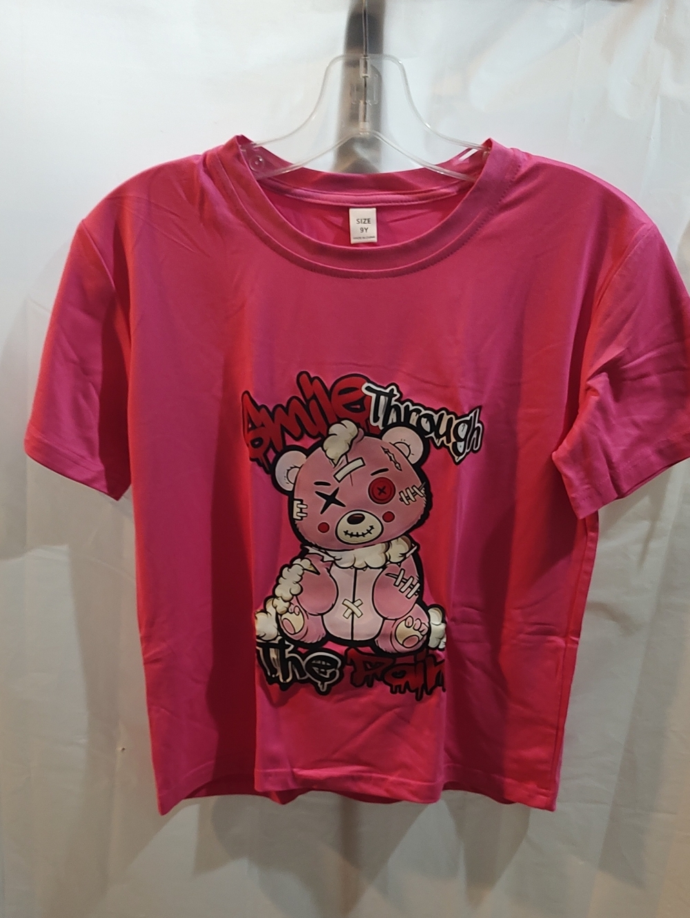 Kids Pink Graphic Tee with Teddy Bear Design Size 9y